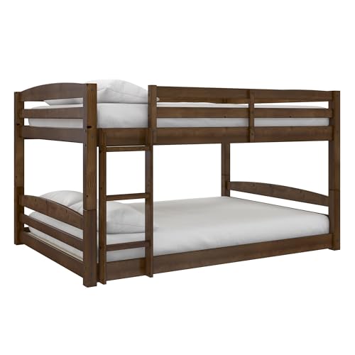 DHP Phoenix Convertible Low Wood Floor Bunk Bed, Stackable and Detachable Bed Frames for Kids, Solid Wood, with Ladder, High Guardrail, Wood Slats, No Boxspring Required, Full-Over-Full, Mocha DHP