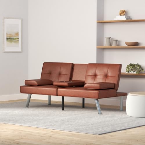 Best Choice Products Faux Leather Upholstered Modern Convertible Futon, Adjustable Folding Sofa Bed, Guest Bed w/Removable Armrests - Medium Brown Best Choice Products