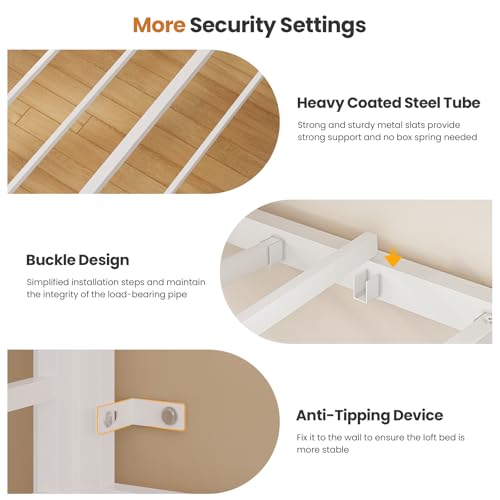 DICTAC Twin Over Twin Bunk Bed with 6 Storage Drawers,Led Lights and Charging Station Metal Bunk Beds with Side Bookcase,3 Storage Boxes &Shelf,L-Shaped bunk Bed with Safety Guardrail and Ladder,White DICTAC