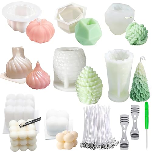 8 pcs Silicone Candle Making Molds Set, 3D Silicone Mold, Pumpkin Christmas Tree Pine Cone Yarn Ball Bubble Cube Soap Baking Desser Soy Wax Candle Mold, DIY Scented Candle (with 100pcs Wax Core)