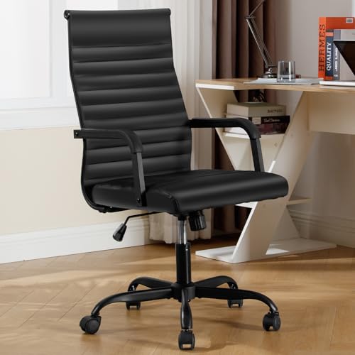 Haranuo Office Chair, Ergonomic Executive Conference Room Chairs, Ribbed Leather Desk Chair with Lumbar Support, Adjustable Height Mid-Back Swivel Chair with Padded Seat and Square Tube Armrests Haranuo