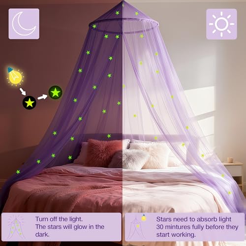LionLively Purple Bed Canopy for Girls with Glow-in-The-Dark Stars, Princess Canopy Curtains Fits Single, Twin, Full, Queen Size Bed, Bedroom Accessories, Ceiling Tent