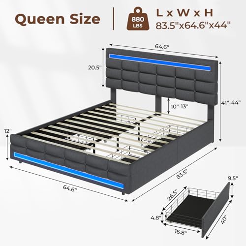 ADORNEVE Dark Grey Queen LED Bed Frame with 4 Drawers & USB Charging Station ADORNEVE