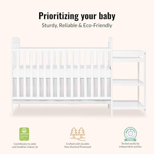 Dream On Me Anna 3-in-1 Convertible Full-Size Baby Crib & Changer with Storage in White, GreenGuard Gold & JPMA, Pinewood, Converts to Day & Toddler Bed, 3 Mattress Heights, 1″ Changing Pad