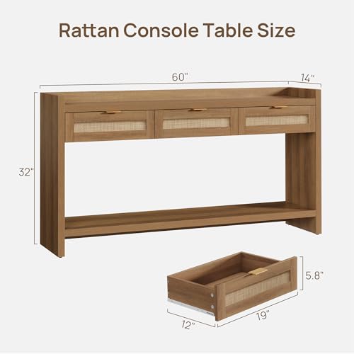 SICOTAS 60" Rattan Console Table for Entryway - Farmhouse Entry Table Sofa Table with 3 Drawers, Narrow TV Console Table with Storage for Living Room, Hallway, Couch, Foyer SICOTAS