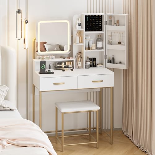 Fameill Vanity Desk with Mirror and Lights, White Makeup Table and Chair Set with 2 Storage Drawers&Cabinet&Shelves, Small Vanity Desk for Bedroom, 3 Lighting Mode Fameill