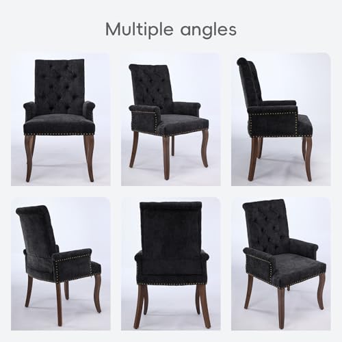 KIUMU Upholstered Tufted Chenille Dining Chairs with Arms & Nailhead Trim – Solid Wood Frame & Legs, Modern Farmhouse for Dining, Kitchen & Living Room (Set of 1, Black) KIUMU