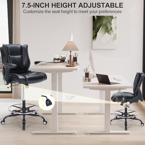 OLYFING Drafting Chair, Tall Office Chair with Padded Adjustable Arms and Footring PU Leather Standing Desk Chair with Extra Thicken Seat Cushion, Comfy High Office Chair for Counter Height Desk OLYFING