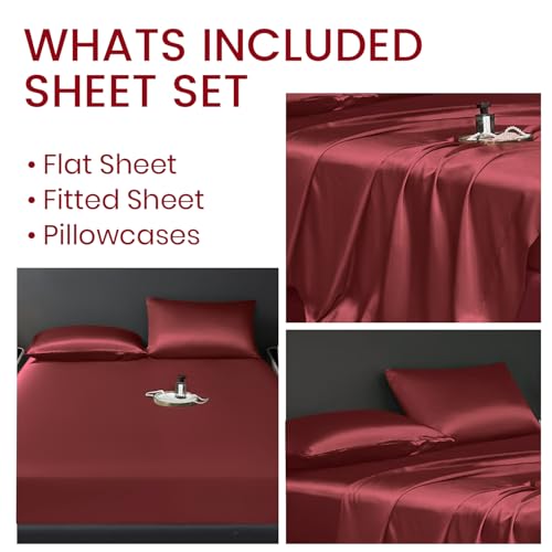 Revdomfly 4 Pcs Queen Size Luxury Silky Soft Wine Red Satin Sheet Set,1 Premium Moisture Wicking Fitted Sheet Fits Up to 16 Inches Deep Pocket + 1 Flat Sheet + 2 Pillowcases(Wine Red, Queen) Revdomfly