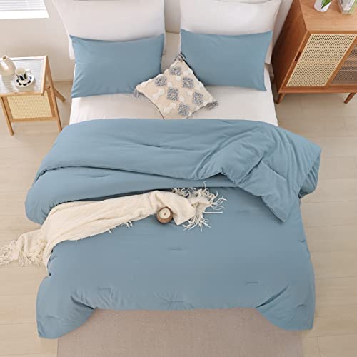ROSGONIA Dusty Blue Comforter Set Queen, 3pcs(1 Boho Blue Comforter & 2 Pillowcases) All Season Soft Bedding Lightweight Bedspread Blanket Quilt ROSGONIA