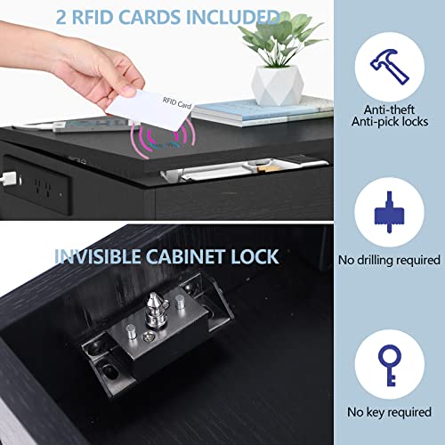 Auromie Nightstand with Charging Station and LED Lights, Concealment Furniture with RFID Lock Cabinet and Power Outlets, Bedside Table with Hidden Compartment for Valuables Storage, Black Auromie