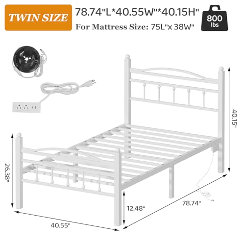 Jenmit Twin Bed Frames with Headboard, LED Bed Frame with Charging Station, Metal Platform, Under-Bed Storage, No Box Spring Needed, Noise Free, Easy Assembly, White Jenmit