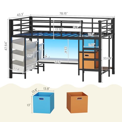 DICTAC Low Twin Loft Bed with Reading Corner,3 Sling Drawers and 2 Movable Storage Bins,Metal Twin Size Loft Bed for Kids with LED Lights and Storage Basket,13.98" H Safety Guardrail & Stairs, Black DICTAC