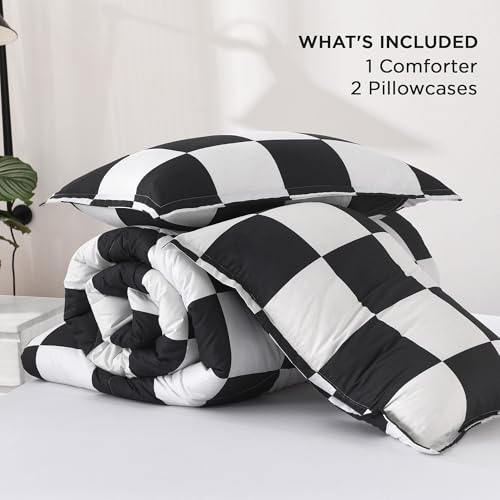 Andency Checkered Comforter Twin(66x90Inch), Black White Plaid Gingham Bed Set for Teen Boys Kids, Lightweight Microfiber Geometric Preppy Bedding, 2 Pieces Andency
