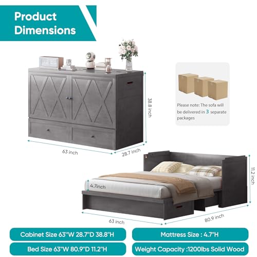 BALUS Murphy Bed, Cabinet Bed Queen with Tri-Folding Memory Foam Mattress & USB Charging Station, Farmhouse Murphy Beds Cabinet with Large Storage Drawers for Home/Guest Room/Bedroom, Gray