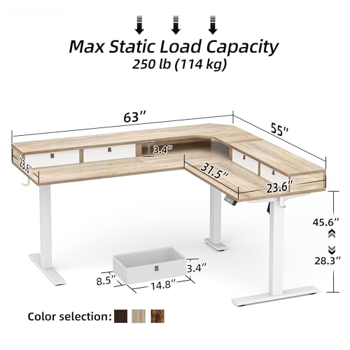 TIQLAB L Shaped 63 x 55 inch Standing Desk Adjustable Height, Electric Corner Standing Desk with 4 Drawers and Upper Shelf, Sit Stand Computer Table with Splice Board, Maple TIQLAB