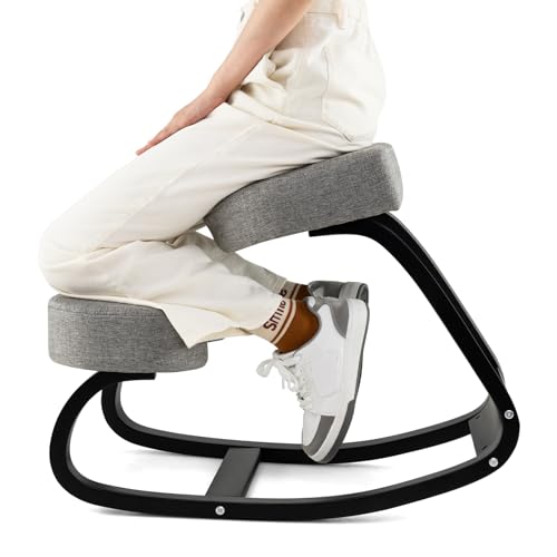 Goplus Ergonomic Kneeling Chair, Rocking Upright Posture Chair with Soft Seat & Knee Pads, Wooden Backless Knee Chair Relieves Neck Back Pain for Home Office Study, Gray and Black Goplus