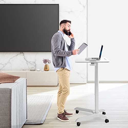 AVLT 48" Ambidextrous Standing Desk, Mobile Adjustable Height Rolling Laptop Desk, Folding Computer Projector Cart with Brake Casters, Portable White Desk for Home Office AVLT