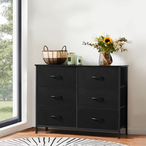 Sweetcrispy Dresser for Bedroom, TV Stand, 6-Drawer Fabric Storage Cabinet with Open Shelves, Console Table, Entertainment Center and Closet Organizers for Living Room Furniture, Black Sweetcrispy