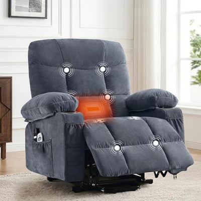 PoteSoar Power Lift Recliner Chair for Elderly with Massage and Heat, Comfortable Electric Power Reclining Chair with Side Pockets,2 Cup Holders and USB Charging Port for Living Room (Blue)
