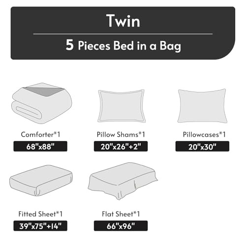 MUXHOMO 5 Pieces Twin Comforter Set, Reversible Bed in a Bag Twin Size, All Season Bedding Set with Comforter, Flat Sheet, Fitted Sheet, Pillowcases & Shams, Brown & Khaki