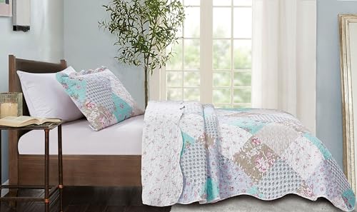 Brilliant Sunshine Blue and Green Rose Patchwork, 2-Piece Quilt Set with 1 Sham, Reversible Bedspread, Soft Lightweight Coverlet, All-Season, Twin, Blue Green Brilliant Sunshine