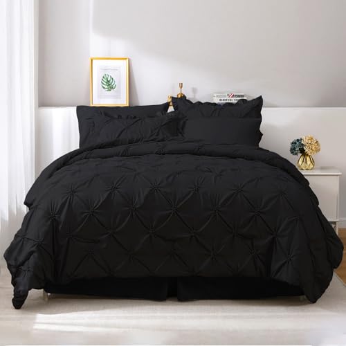 JOLLYVOGUE Queen Comforter Set 7 Pieces, Black Bed in a Bag Comforter Set for Bedroom, Bedding Comforter Sets with Comforter, Sheets,Ruffled Shams & Pillowcases JOLLYVOGUE