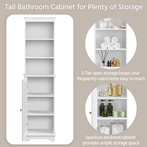 Yaheetech Tall Slim Bathroom Storage Cabinet with 3 Shelves, Enclosed Door, and Modern Design in White Yaheetech