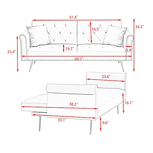 Modern Velvet 2 in 1 Futon Sofa Bed,Convertible Folding Sleeper Bed Couches with 2 Pillows,63" Tufted Recliner Love Seat with Golden Chrome Legs for Living Room Apartment Office (Black) Anwick