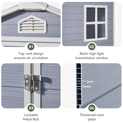 Aoxun 8x6FT Resin Outdoor Storage Shed with Floor, Plastic Garden Shed with Lockable Door and Window, Tools House to Store Patio Furniture, Bike Accessories, Garbage Can and Lawn Mower - Grey Aoxun