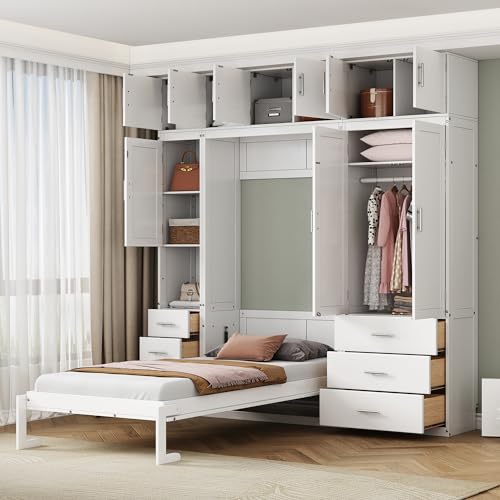 Twin Murphy Bed with Storage Wardrobes,Bookcase Shelves and Drawers,Wood Folding White Murphy Wall Bed Cabinets MERITLINE