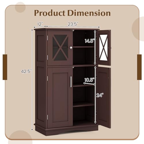 Tangkula Bathroom Storage Cabinet, Freestanding Floor Cabinet w/2 Glass Doors, 3-Level Adjustable Shelves, Anti-toppling Design, Kitchen Pantry Cupboard for Bathroom Living Room (Cabinet, Brown) Tangkula