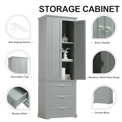 62.2" Wide Storage Cabinet Pantry Cupboard with Doors and Drawers for Home Kitchen, Bathroom and Living Room, Adjustable Shelf, White Merax