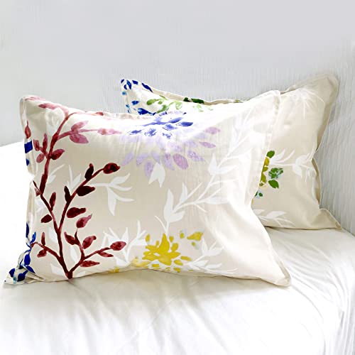 Style Quarters Dahlia Lane 3pc Duvet Cover Set - Multi-Color Floral Stems with White Leafy Silhouettes - 100% Cotton - Machine Washable - Includes 1 Duvet Cover + 2 Shams (Queen) SO OQ STYLE QUARTERS