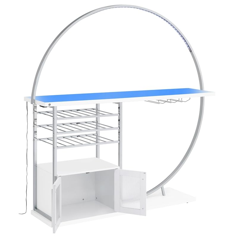Pemberly Row Circular LED Wood Home Bar with Wine Storage White High Gloss Pemberly Row