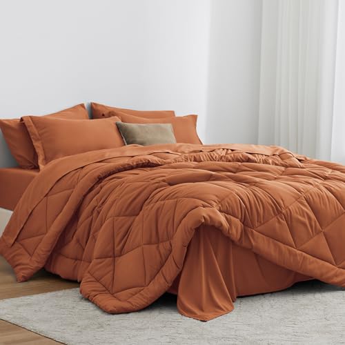 Love's cabin Twin Comforter Set Terracotta, 5 Pieces Twin Bed in a Bag, All Season Bedding Sets with 1 Comforter, 1 Flat Sheet, 1 Fitted Sheet, 1 Pillowcase and 1 Pillow Sham Love's cabin