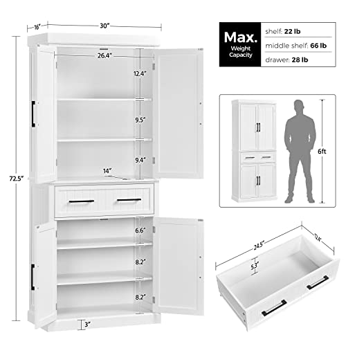 Topeakmart 72.5" Kitchen Pantry with Large Drawer, Wooden Pantry Cabinet Cupboard with Doors and Adjustable Shelves, Storage Cabinet Organizer for Kitchen, Dining Room, Living Room, White Topeakmart
