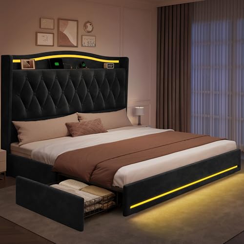DWVO King Size Bed Frame with 4 Storage Drawers and RGB LED Lights, 57'' Tall Headboard Velvet Upholstered Bed with Charging Station, No Box Spring Needed, Easy Assembly, Noise-Free, Black DWVO