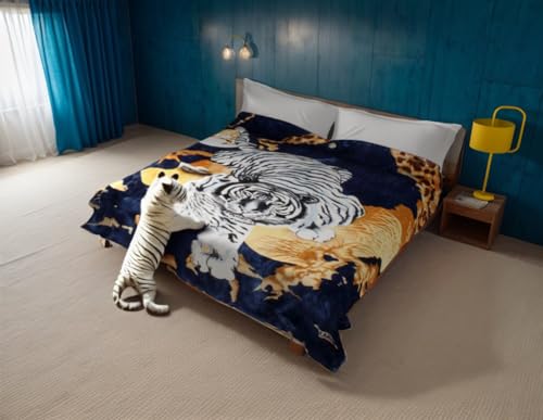 White Tiger Blanket Korean Mink Ultra Silky Soft Reversible Bed comforter bedspread bedding Cobias Heavy thick weight Perfect for Winter all season throw (King, 71 Tiger Blue) SOLARON