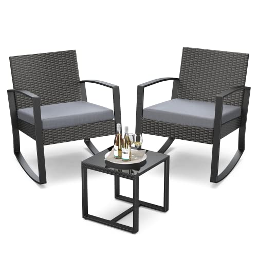 Qsun 3 Pieces Patio Furniture Set Rocking Bistro Set Outdoor Rattan Conversation with Coffee Table for Garden Balcony Backyard Poolside (Grey Cushion) Qsun