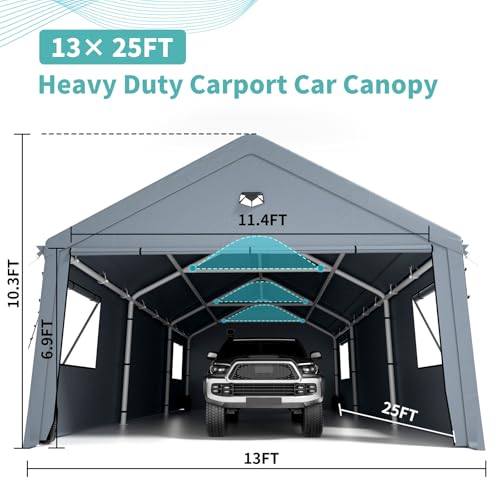 13X25FT Carports Heavy Duty,Car Ports with 180G Removable Side Wall,Portable Car Port Garage,Carport Canopy,Car Shelter All Weather,Gray Sannwsg