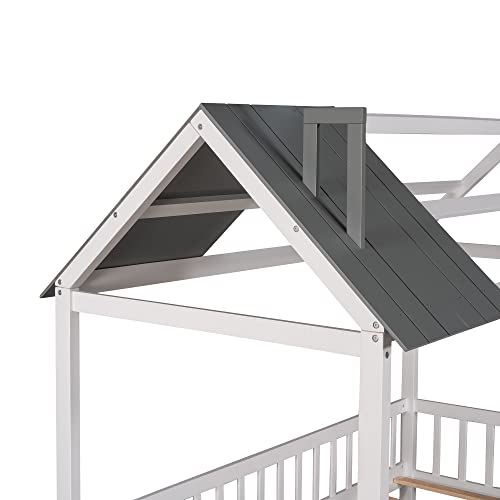 Merax Twin House Bed for Kids - Fun House-Shaped Platform Bed Frame with Roof, Windows, and Safety Rails in White and Grey Merax