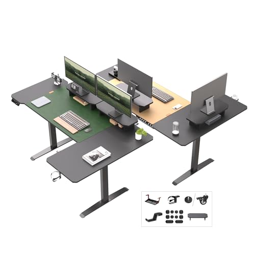 JWX L Shaped Standing Desk 63"x43", Dual Motor Height Adjustable Desk with Reversible Corner Setup, Curved Desktop, Upper Shelf, Cable Tray, Cup Holder, Headphone Hook, Matte Black JWX