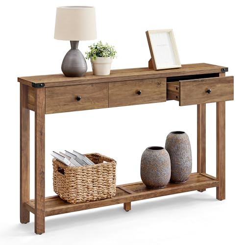 VASAGLE LIRY Collection - Console Table with 3 Drawers and Open Storage Shelf, Narrow Entryway Sofa Table for Living Room, Farmhouse Style, Metal Corners, Honey Brown ULNT142KB02S VASAGLE