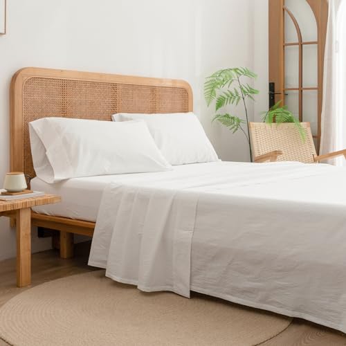BESTOUCH Sheet Set 100% Washed Cotton Linen Feel Super Soft Comfortable Chic Lightweight 3 Pcs Home Bedding Set Solid Off White Twin BESTOUCH