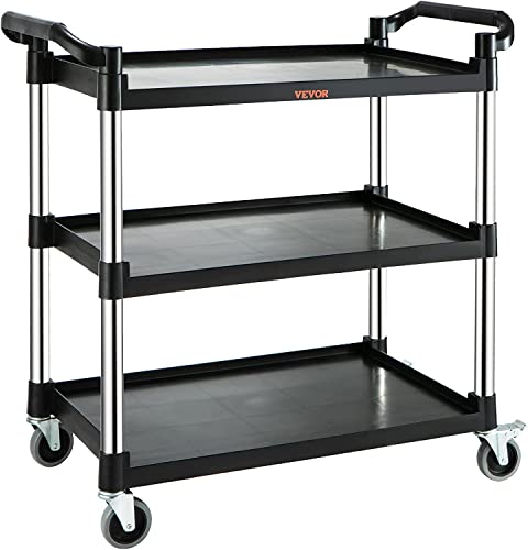 VEVOR Utility Service Cart, 3 Shelf Heavy Duty 220LBS Food Service Cart, Rolling Utility Cart with Lockable Wheels, 40" x 19.3" x 38.6" Plastic VEVOR
