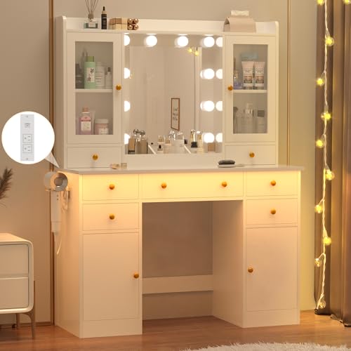 Wodeer Vanity Desk with Mirror and Lights, 43" White Makeup Vanity Set with 5 Drawers & Glass Cabinets, Makeup Tray, Power Outlet & Adjustable LED Lights, Dressing Table for Women & Girls Bedroom Wodeer
