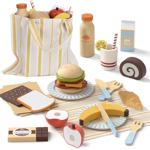 Wooden Play Food Sets for Kids Kitchen, Lehoo Castle Food Toys for Toddlers 3-5, Pretend Picnic Play Set, Cutting Food Toys, Gift for Girls Boys 3 4 5 6 Lehoo Castle