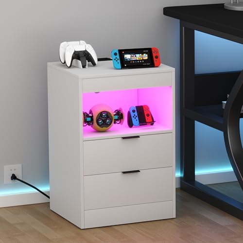 Yusong Night Stand with Gun Drawer & Invisible Lock, Bedside Table, LED Nightstand with Charging Station, Modern Night Stand, Wood Sofa Couch End Side Table with 2 Pull-Out Shelf, White Yusong