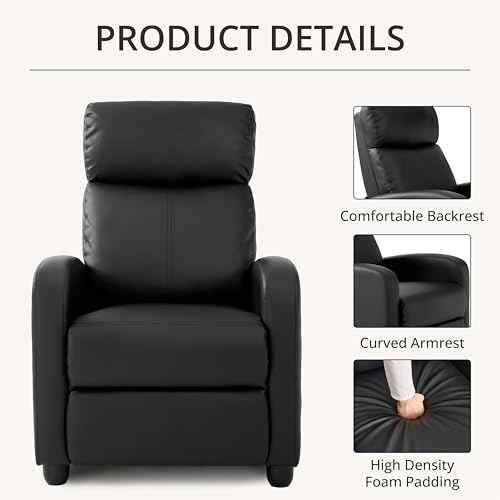 zzlay Leather Recliner Chair for Living Room, Modern Adjustable Home Theater Seating Single Sofa with Adjustable Backrest & Padded Armrests, Manual Push Back Armchair for Small Spaces,Black